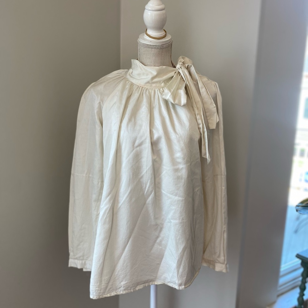Grace Baker Cream Silky Long Sleeve Blouse with Neck Bow